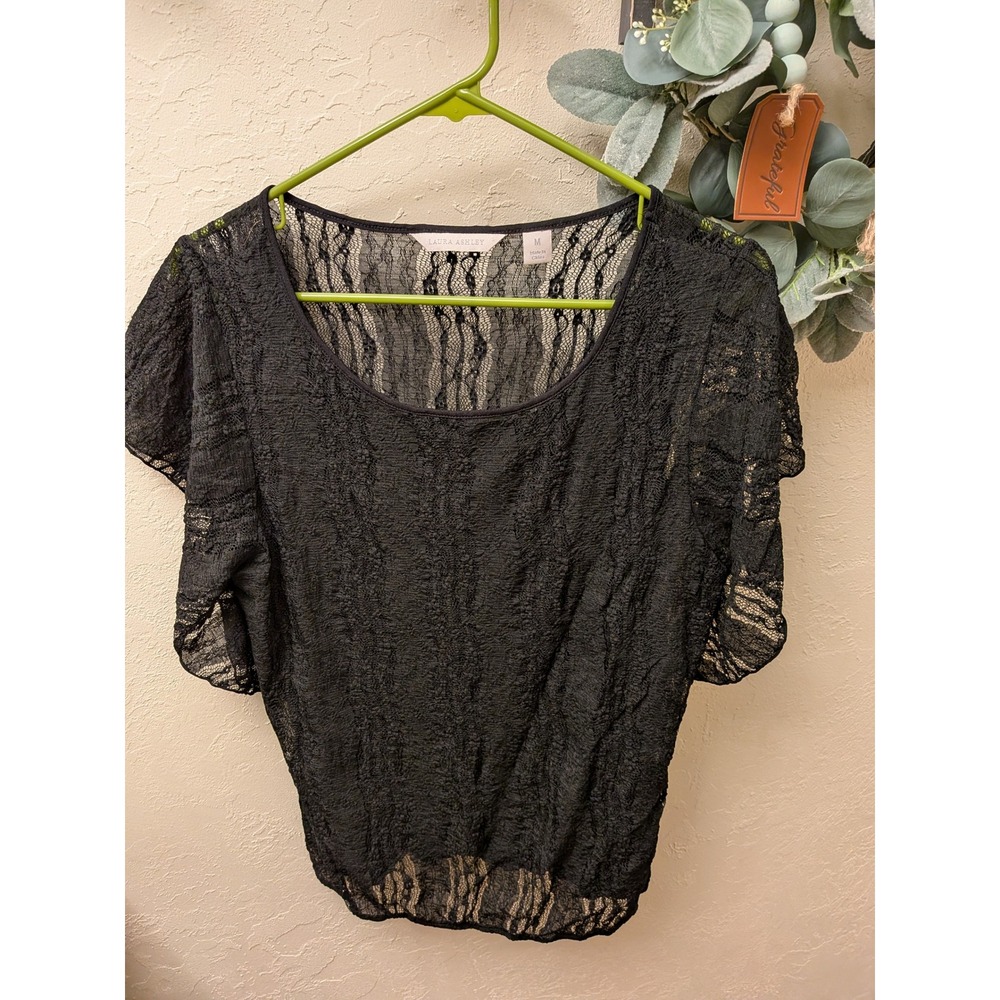 Laura Ashley Black Lace‎ Short Sleeve Scoop Neck Blouse Top Womens Medium
